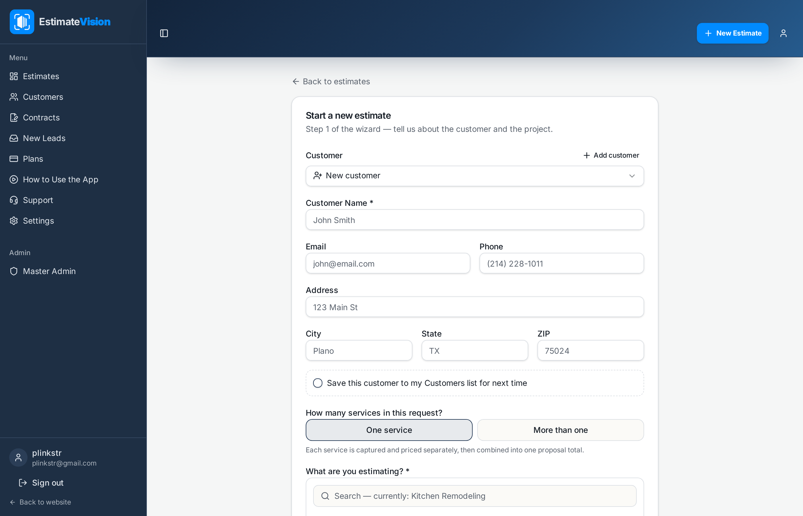 EstimateVision new estimate screen with AI-generated line items