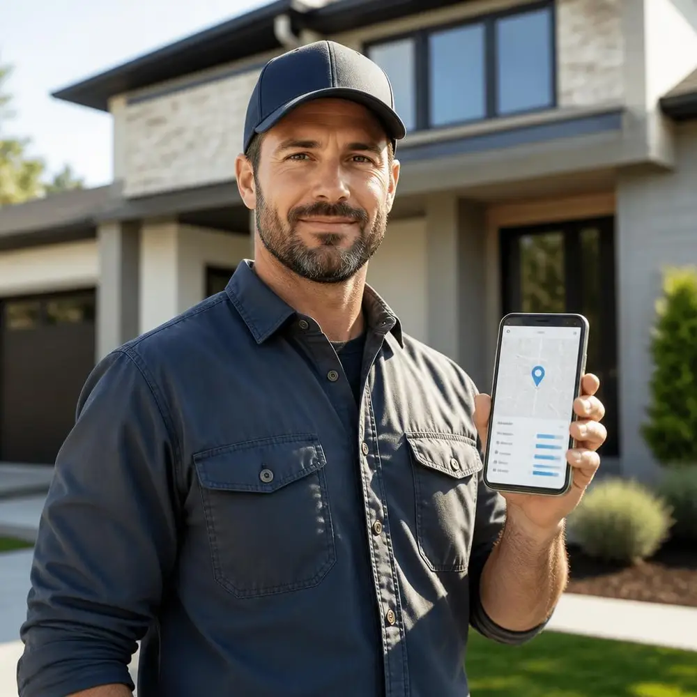 Contratista sosteniendo un teléfono que muestra precios locales y un estimado terminado