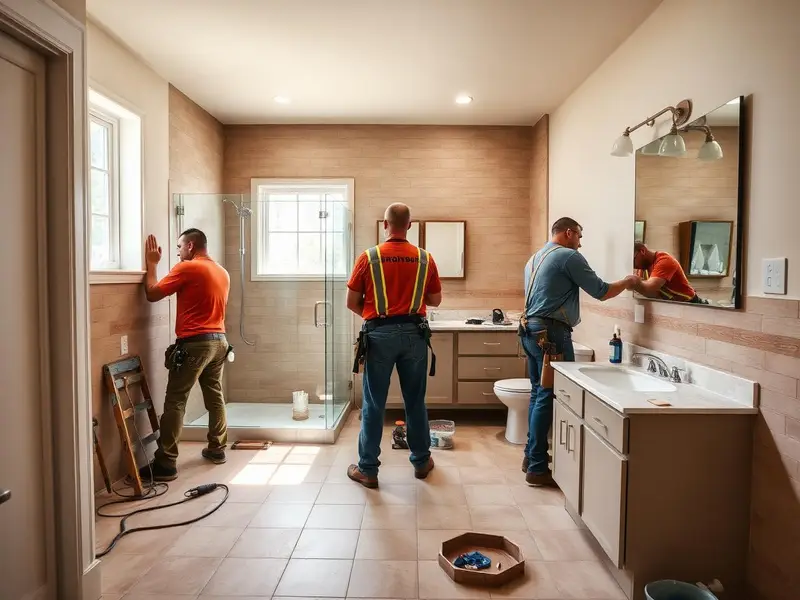 Azulejero y plomero trabajando en la remodelación de un baño