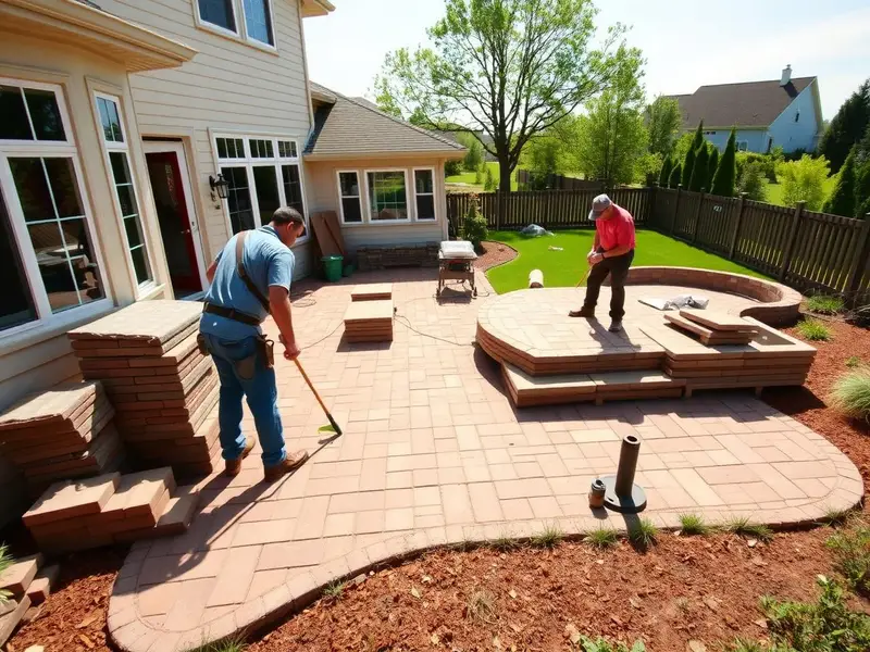 Jardineros construyendo un patio de adoquín en un jardín trasero